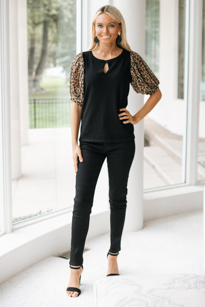 Keyhole Sweater with Sheer Leopard Print Sleeves