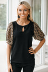 Keyhole Sweater with Sheer Leopard Print Sleeves