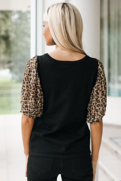 Keyhole Sweater with Sheer Leopard Print Sleeves