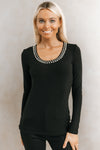 Long Sleeve Studded Neckline Top