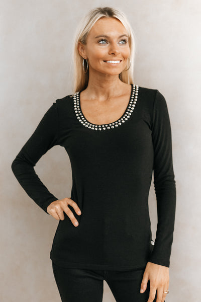 Long Sleeve Studded Neckline Top