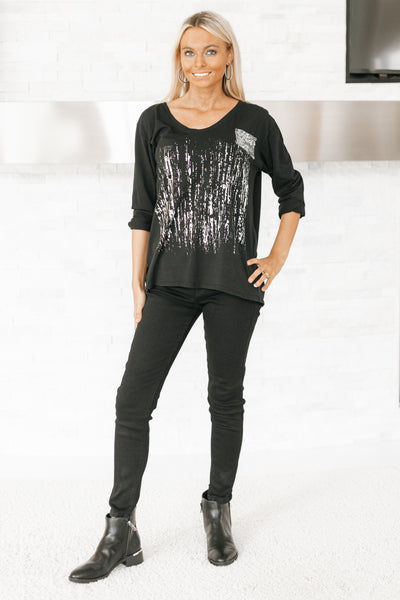 Metallic Accent & Sequin Pocket Italian Top