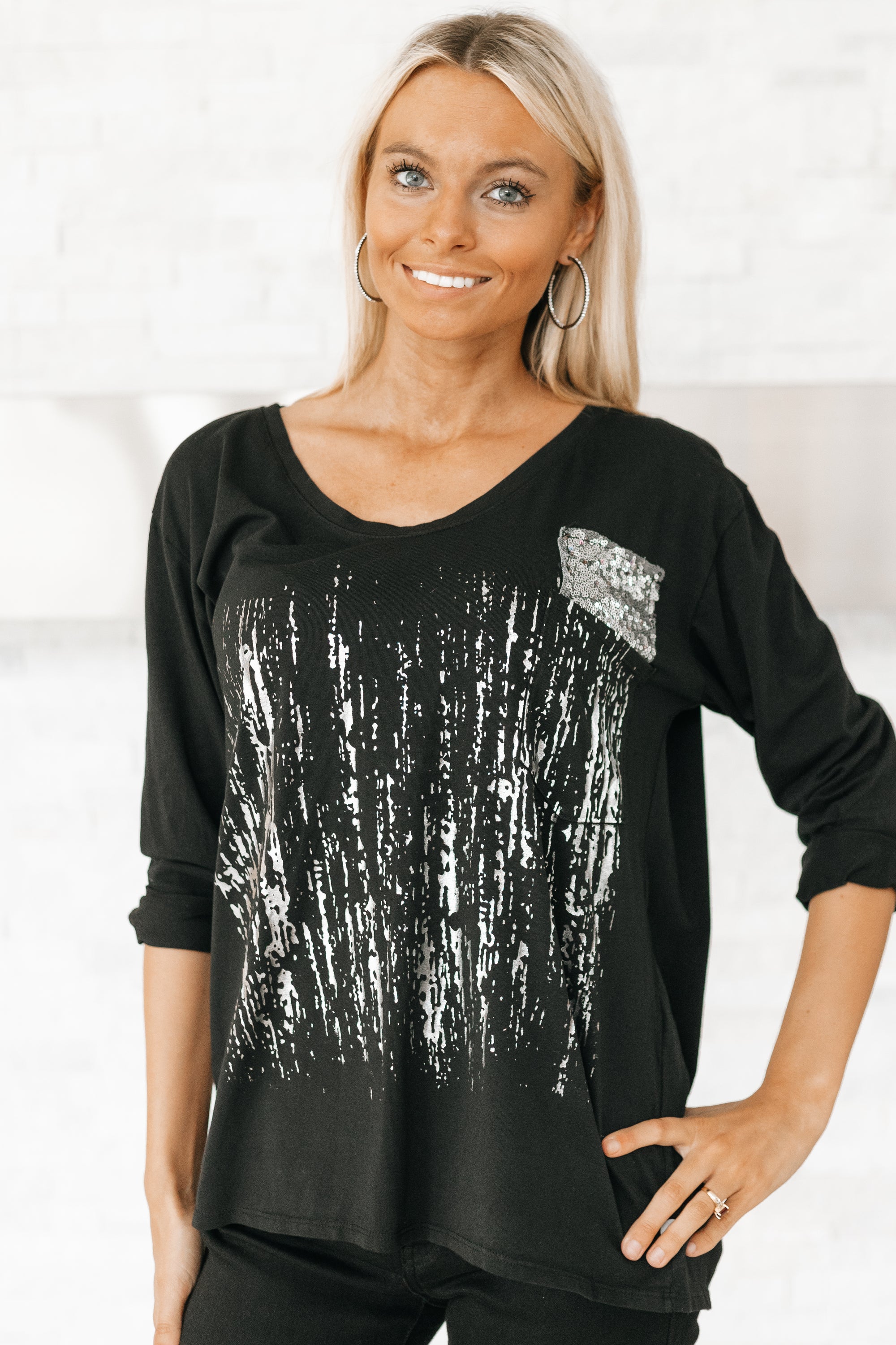 Metallic Accent & Sequin Pocket Italian Top