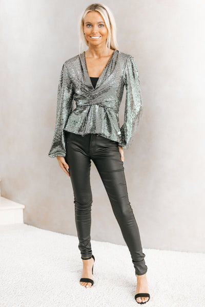 V-Neck Metallic Sequin Wrap Top