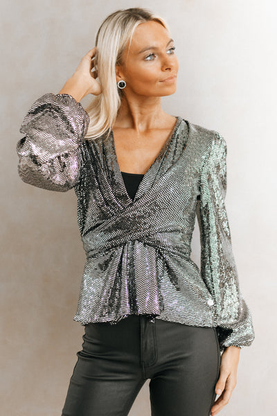 V-Neck Metallic Sequin Wrap Top