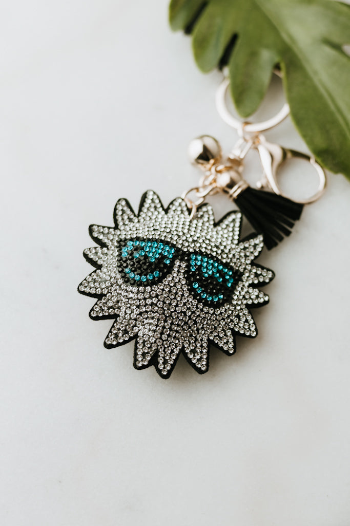 Puffy Rhinestone Sun With Sun Glasses Key Chain