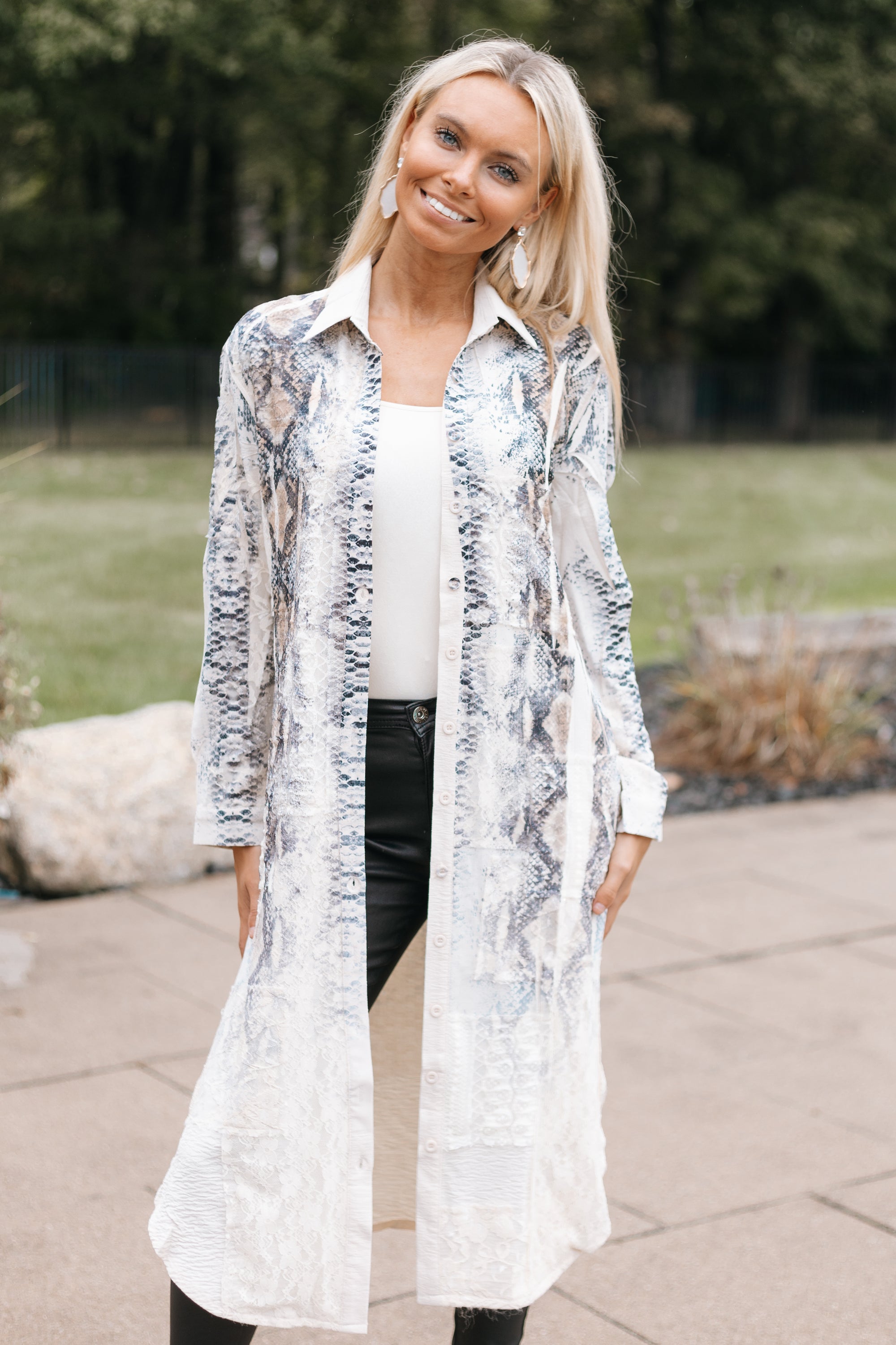 Long Button-Up Jacket With Lace Detail