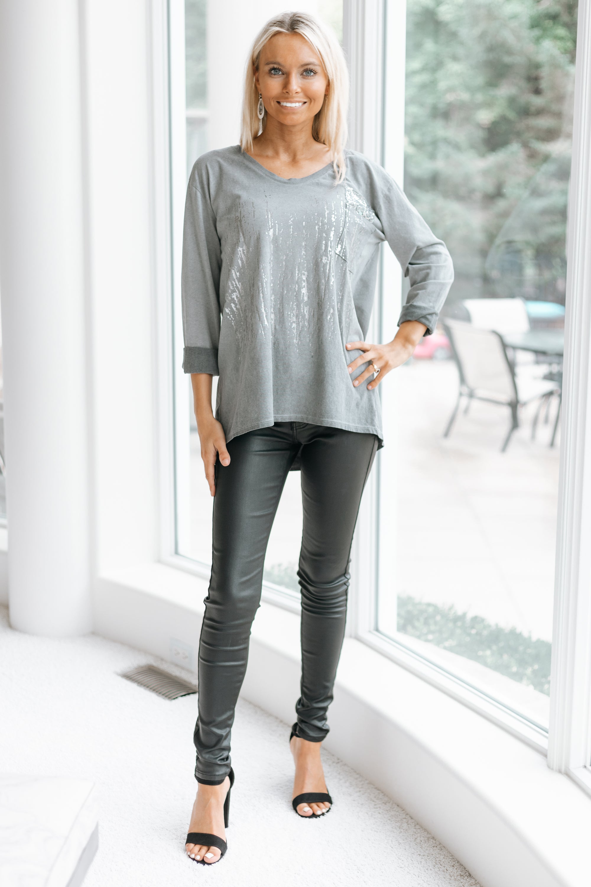 Metallic Accent & Sequin Pocket Italian Top