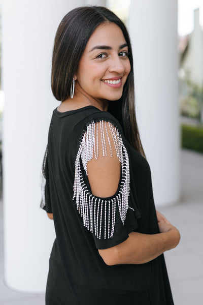 Rhinestone Fringe Cold Shoulder Top