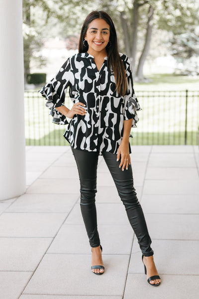 Geometric Ruffled Bell Sleeve Button Down Top