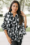 Geometric Ruffled Bell Sleeve Button Down Top