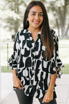 Geometric Ruffled Bell Sleeve Button Down Top