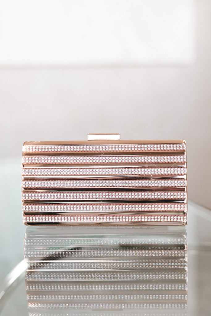 Metal &amp; Rhinestone Stripe Clutch