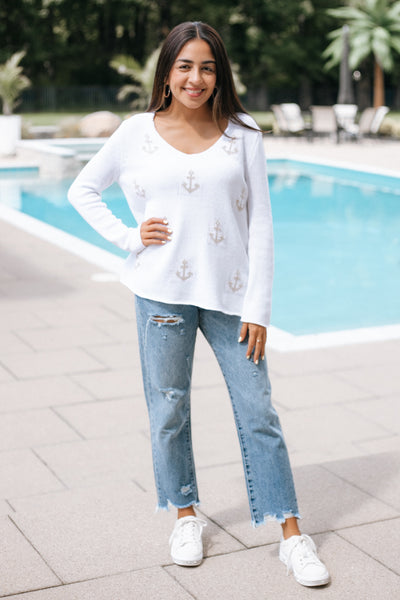 Anchor Pattern V Neck Sweater