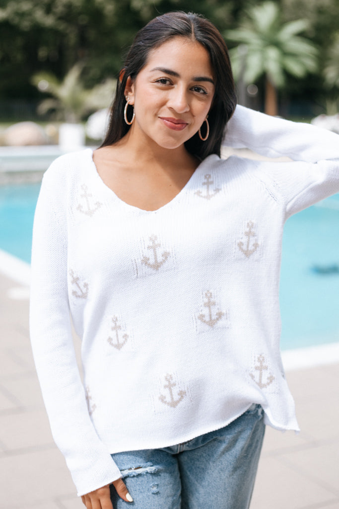 Anchor Pattern V Neck Sweater