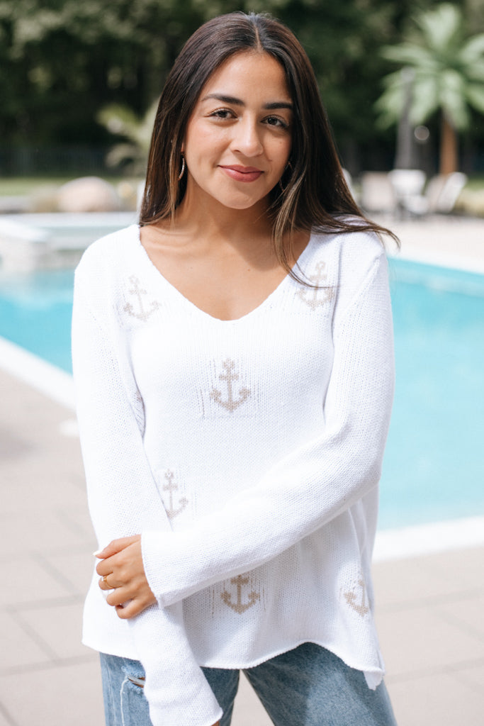 Anchor Pattern V Neck Sweater