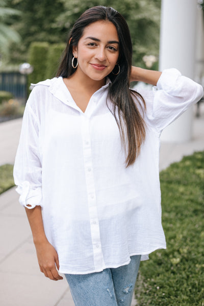 Metallic Resort Words Button Up Top