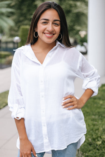 Metallic Resort Words Button Up Top