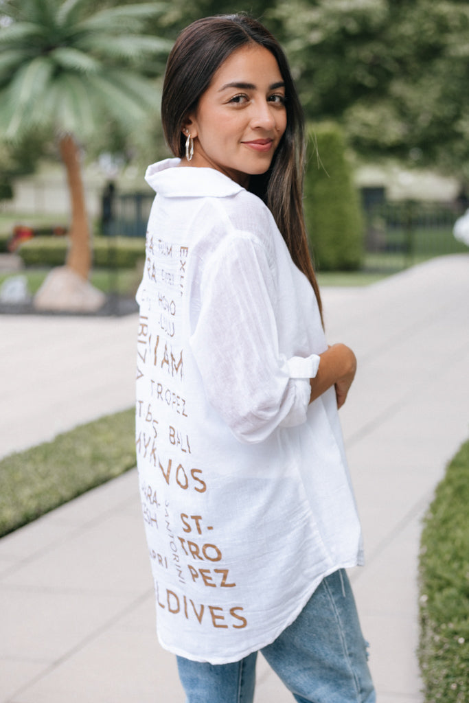 Metallic Resort Words Button Up Top