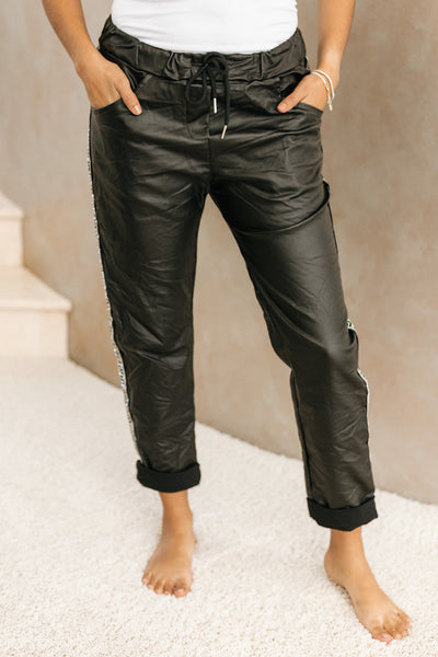 Faux Leather Joggers with Side Rhinestones