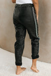 Faux Leather Joggers with Side Rhinestones