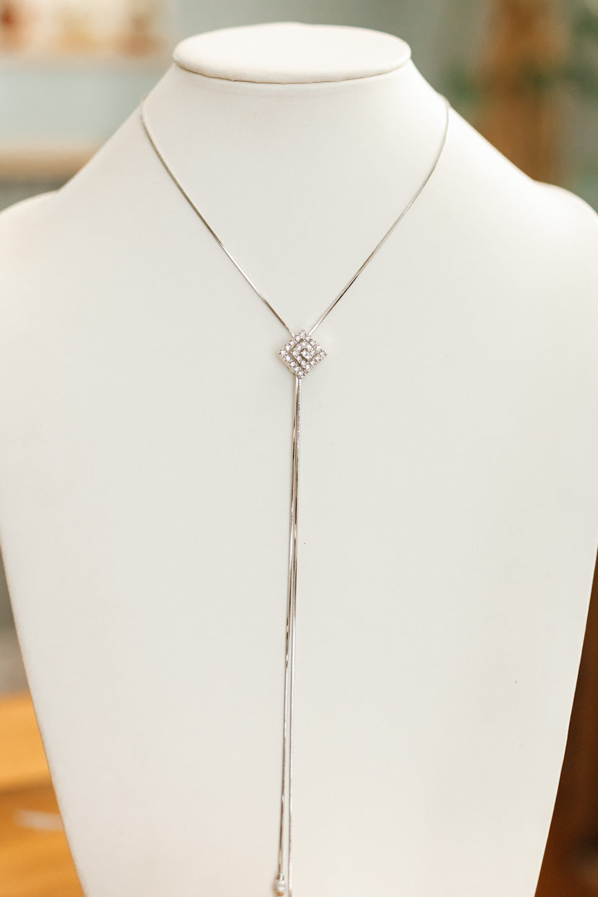 Rhinestone Square Design Pendant Lariat Necklace