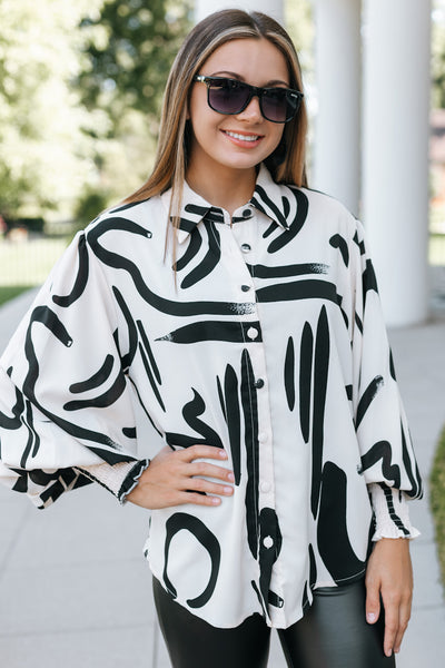 Collared Button Down Scrunched Sleeves Blouse