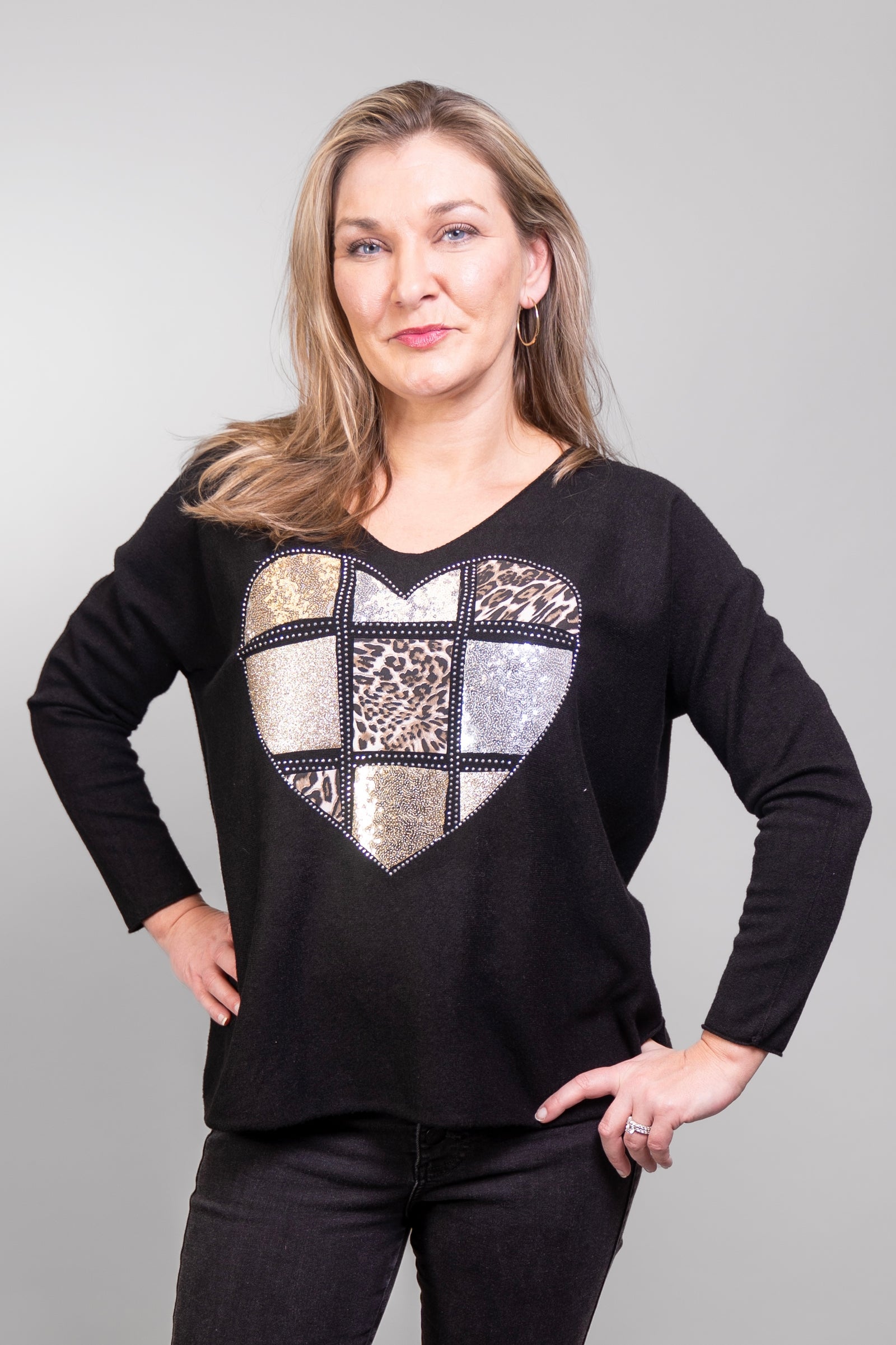 Sweater with Patchwork and Rhinestone Heart