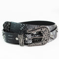 Genuine Leather Belt w/ Snake Print Large Buckle & Rhinestone Accents
