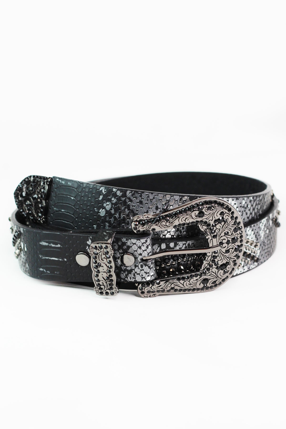 Genuine Leather Belt w/ Snake Print Large Buckle &amp; Rhinestone Accents
