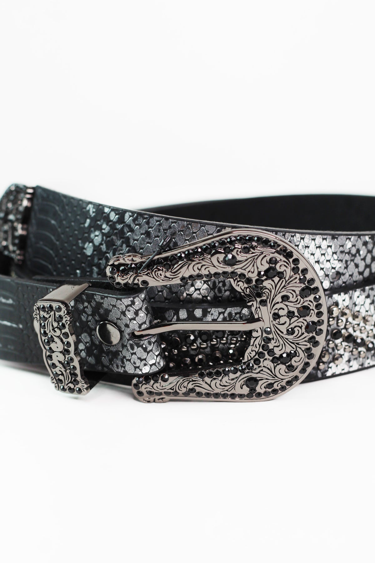 Genuine Leather Belt w/ Snake Print Large Buckle & Rhinestone Accents
