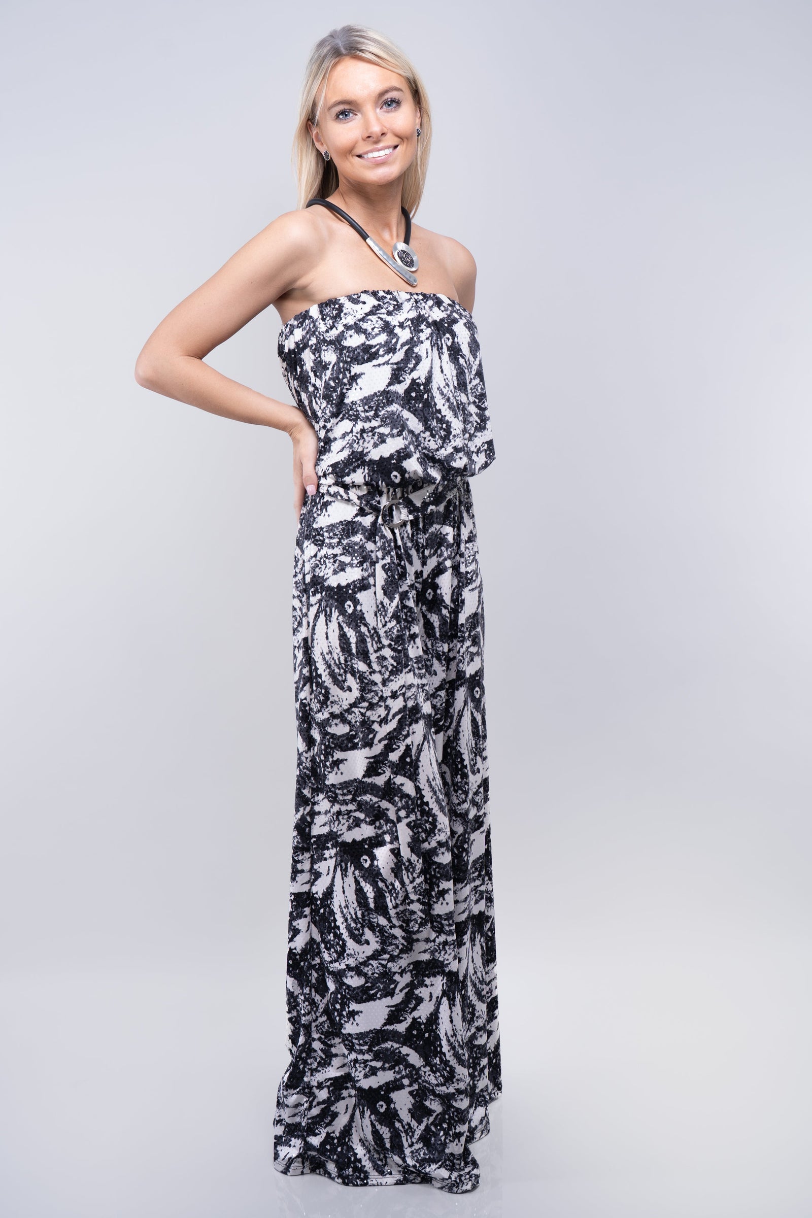 Shimmer Printed Strapless Jumpsuit with Belt