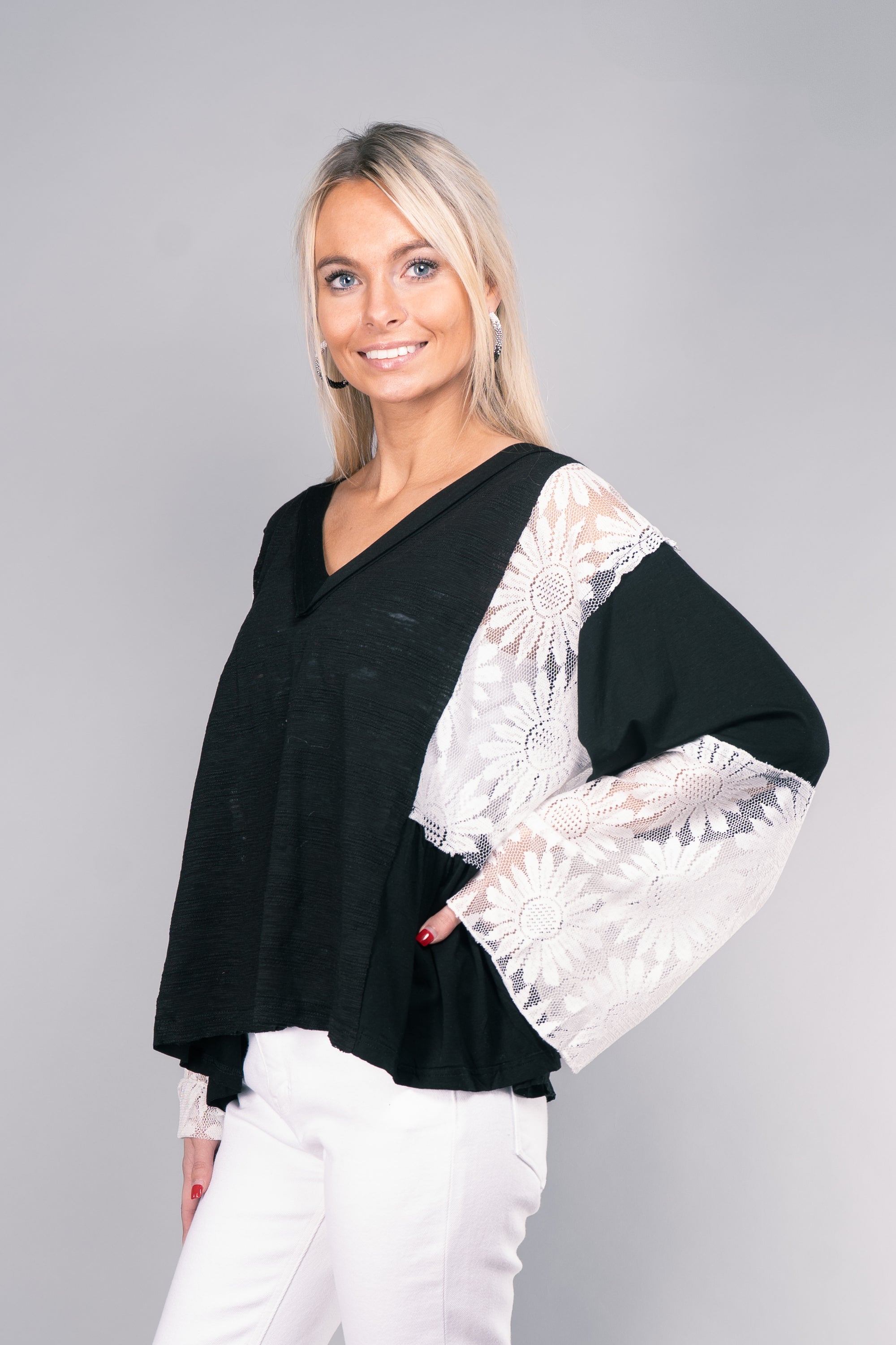 V Neck, Flare Sleeve Top with Lace Detail