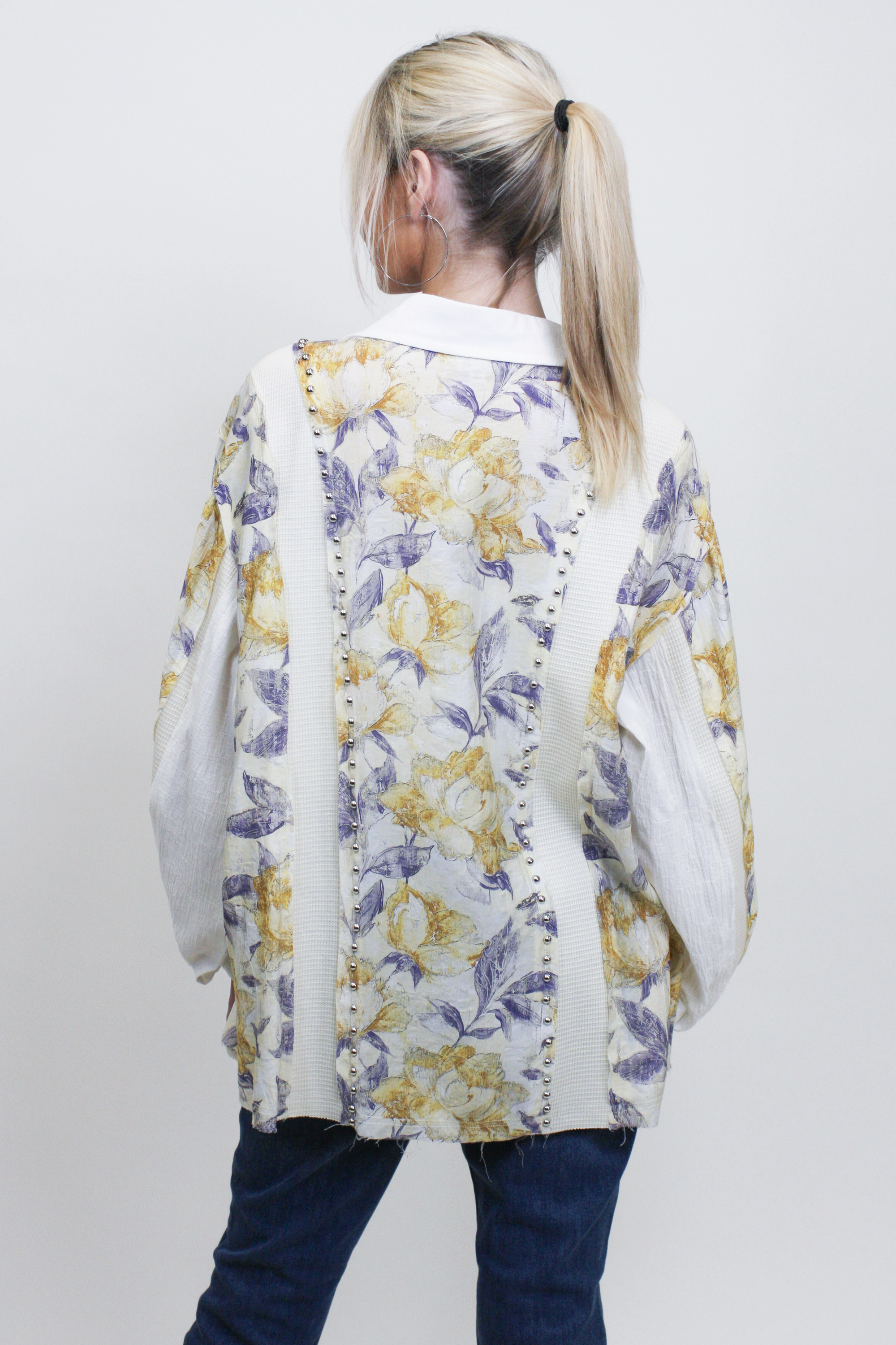 Mixed Print Button Down Shirt w/ Stud Embellishments (SALE)