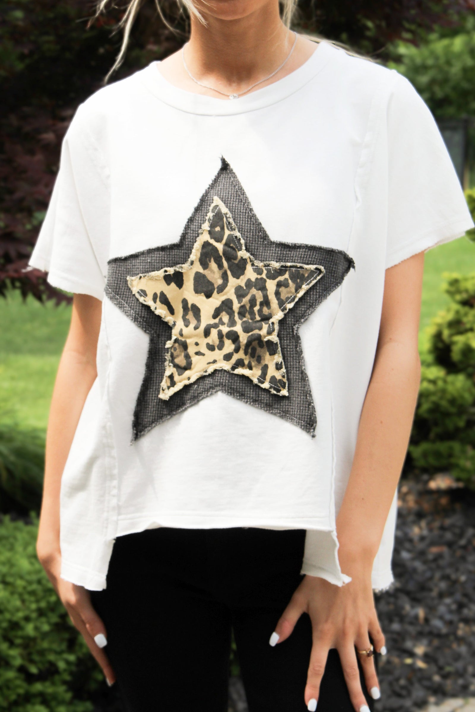 Short Sleeve Top w/ Distressed Leopard Print Star Front Patch
