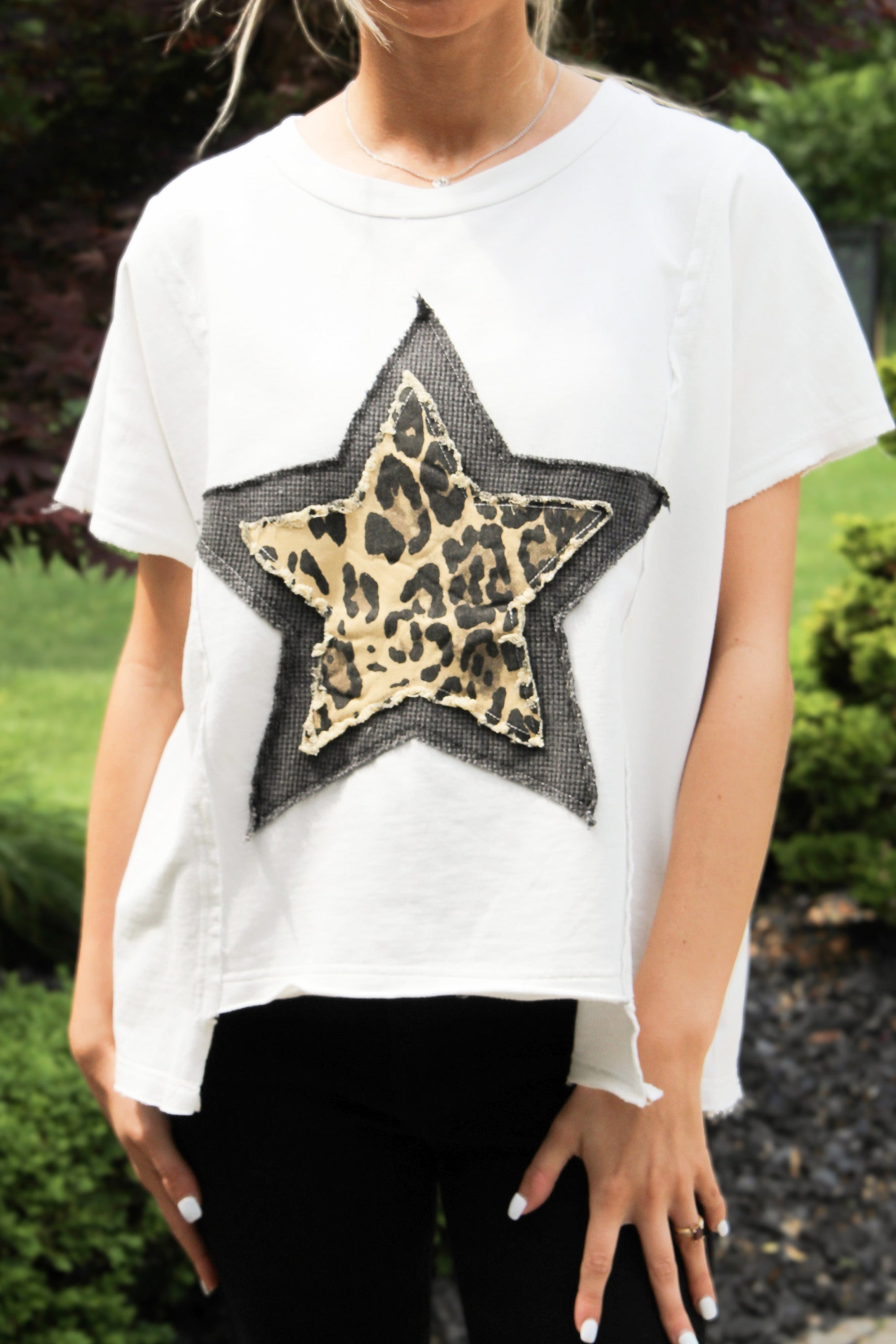 Short Sleeve Top w/ Distressed Leopard Print Star Front Patch