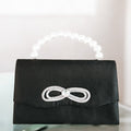 Satin Pearl Handle Center Stone Rhinestone Bow Clutch