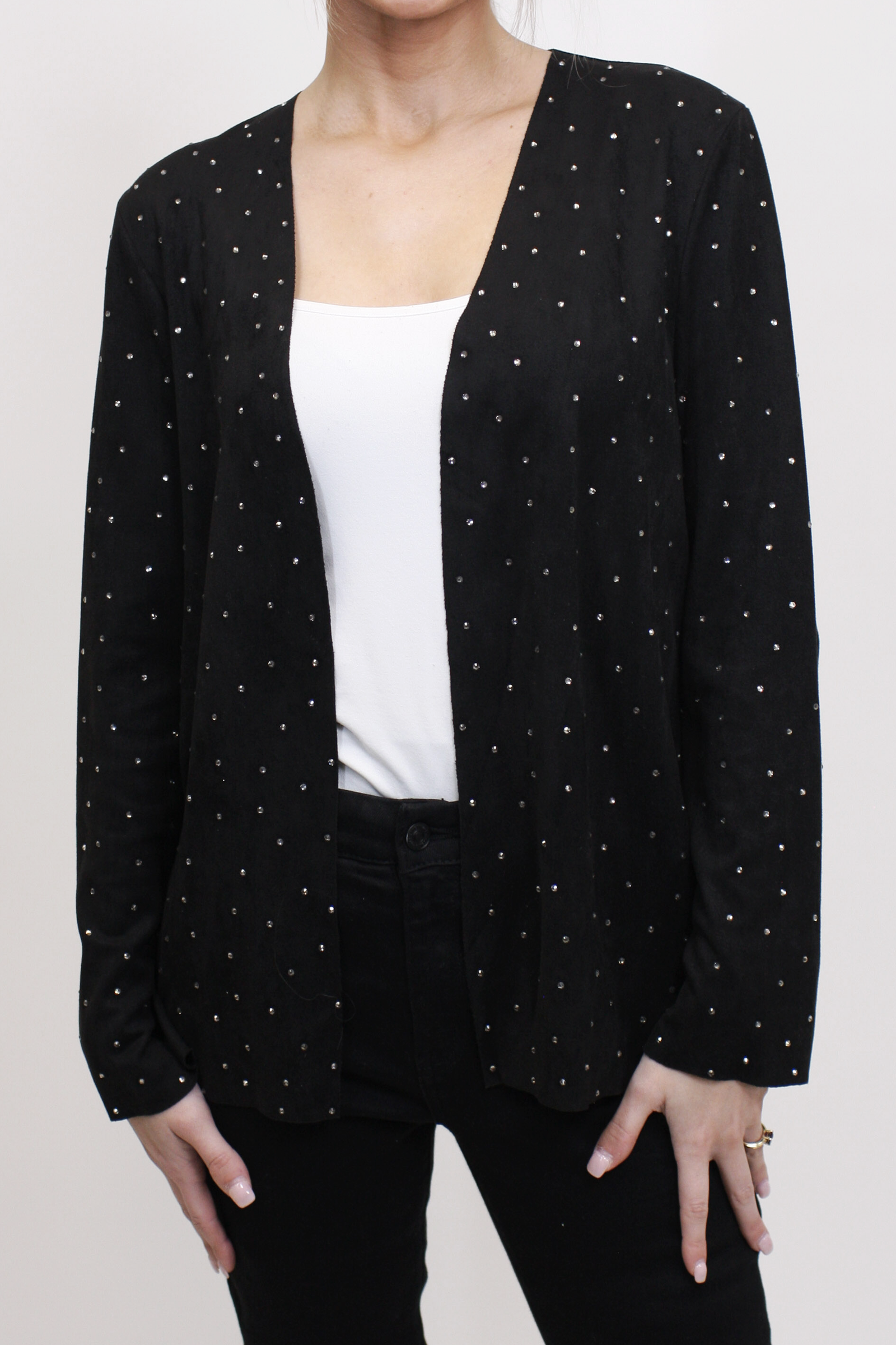 Rhinestone Covered Faux Suede Open Front Jacket