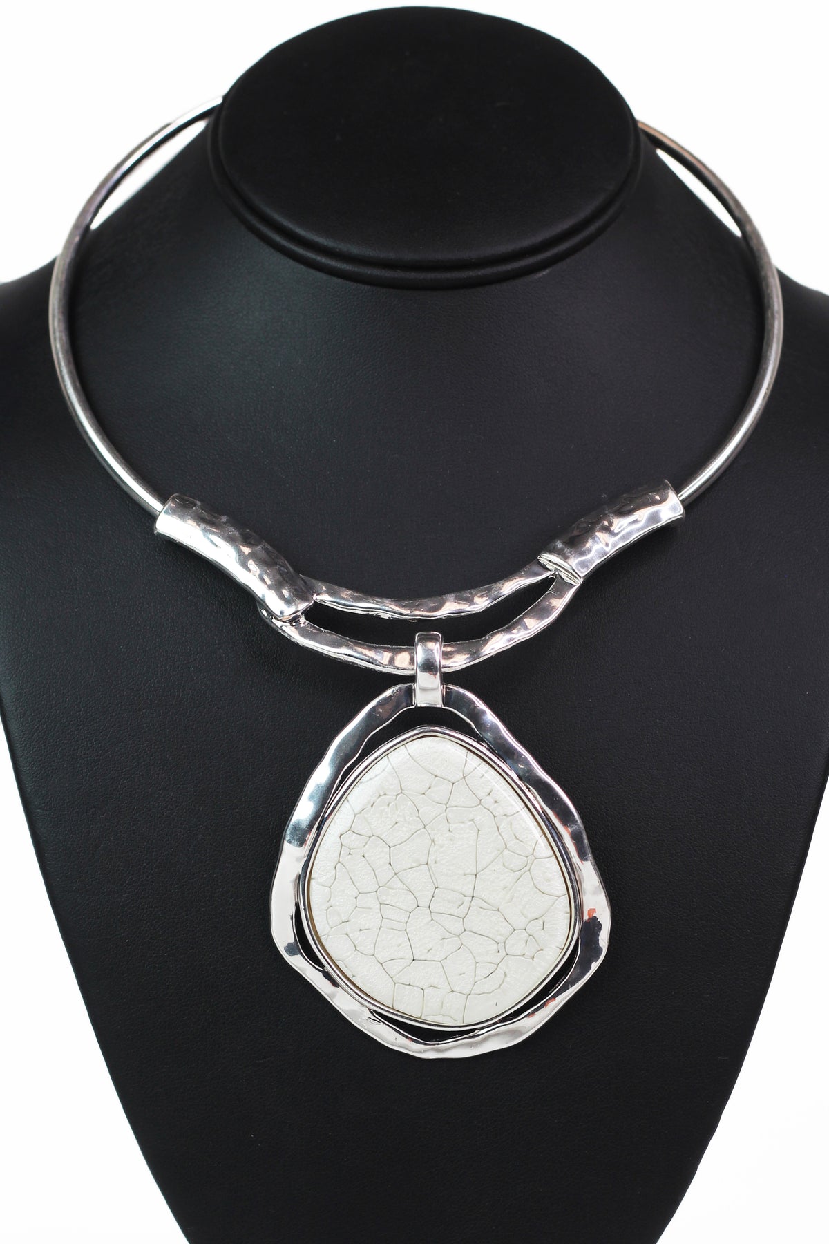Metal Collar Necklace w/ Large Metal Trimmed Stone Pendant