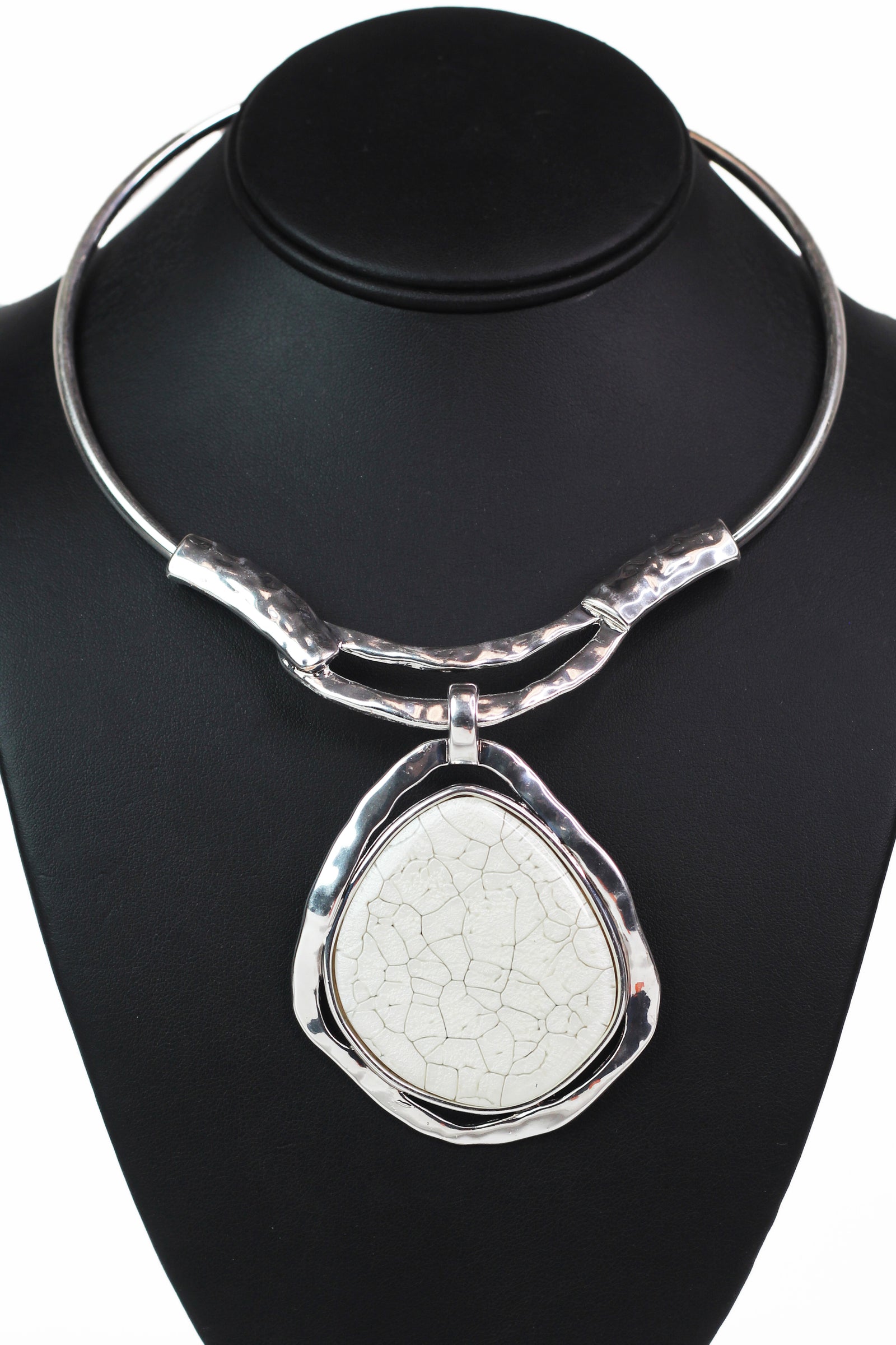 Metal Collar Necklace w/ Large Metal Trimmed Stone Pendant