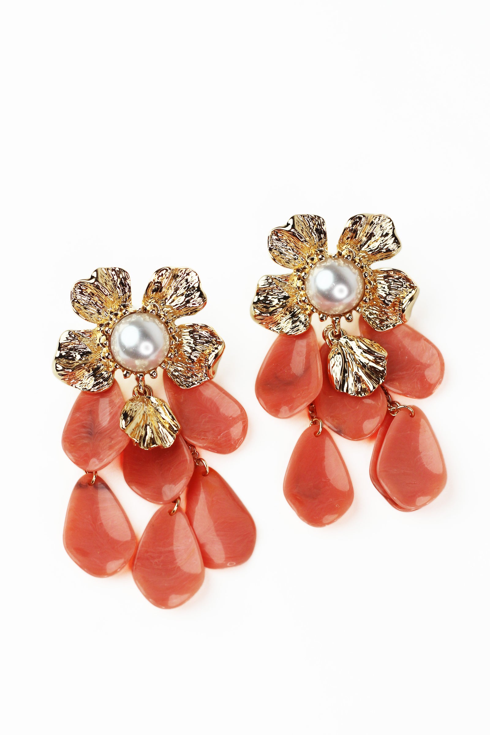 Gold Flower w/ Pearl Center & Dangling Petals Earrings