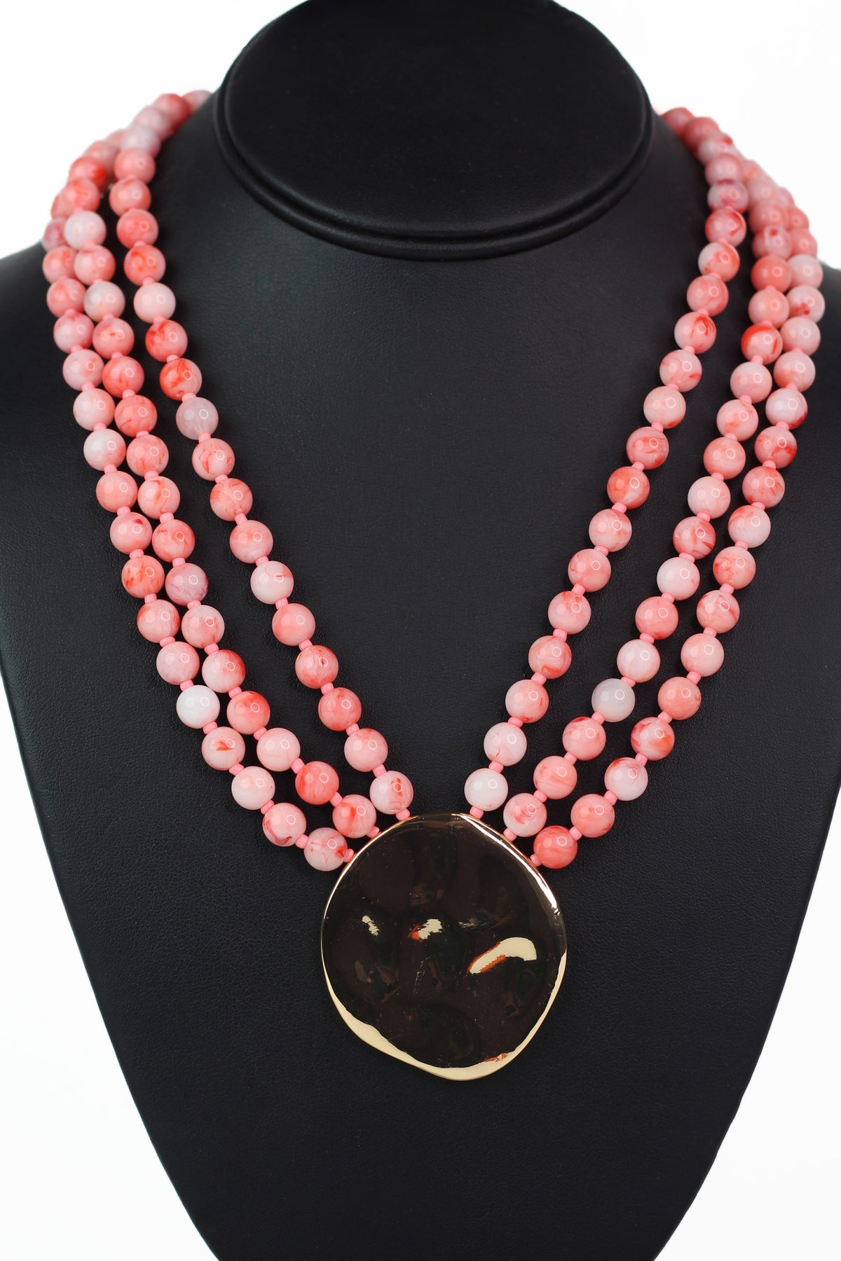 3 Pearl Strand Necklace w/ Hammered Metal Circle Center