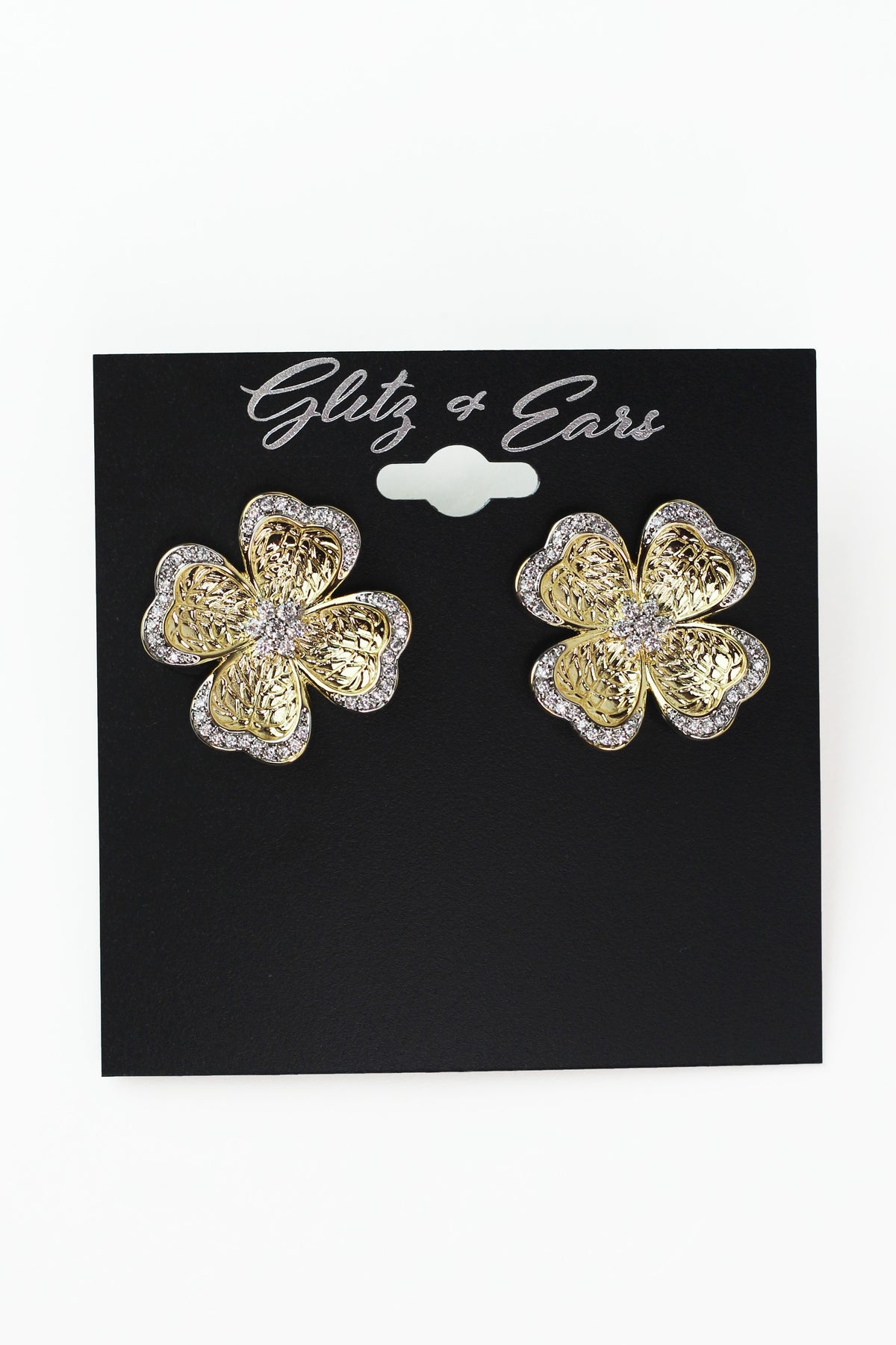 4 Leaf Clover Stud Earrings w/ Pave Trim