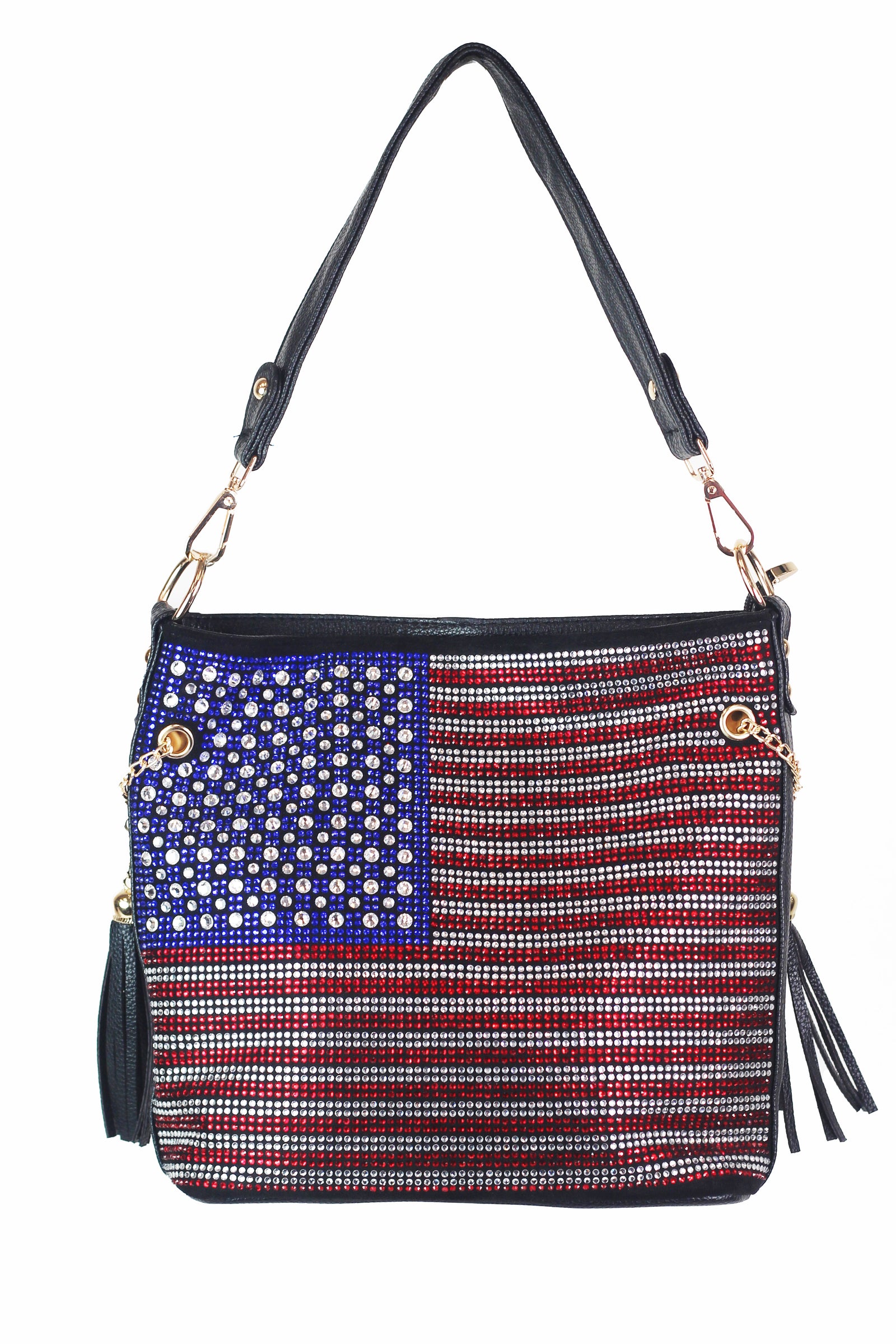 Full Rhinestone American Flag Double Tassel Single Handle Handbag