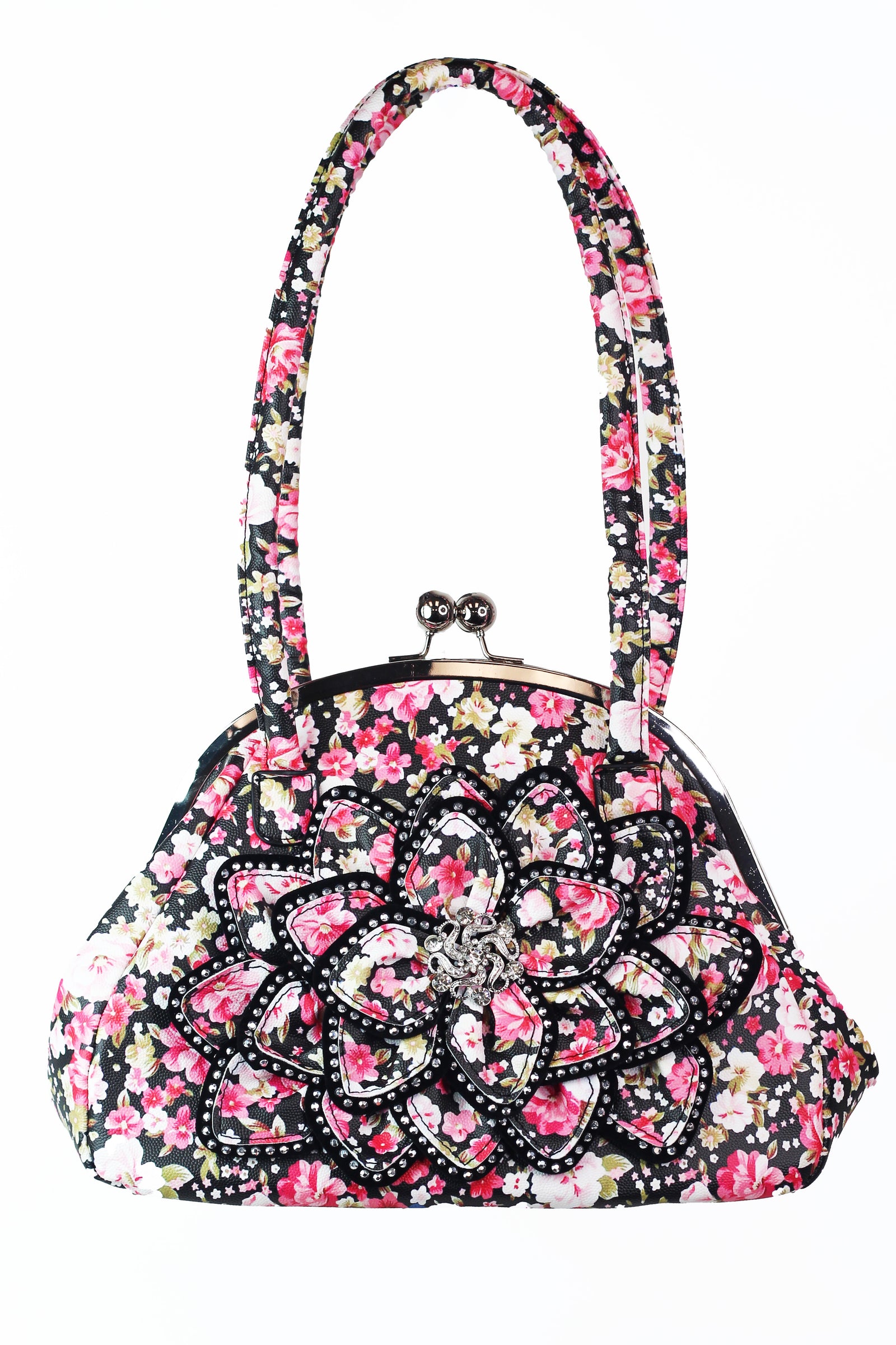 Floral Printed Faux Leather Handbag w/ Rhinestone Trimmed Flower Accent