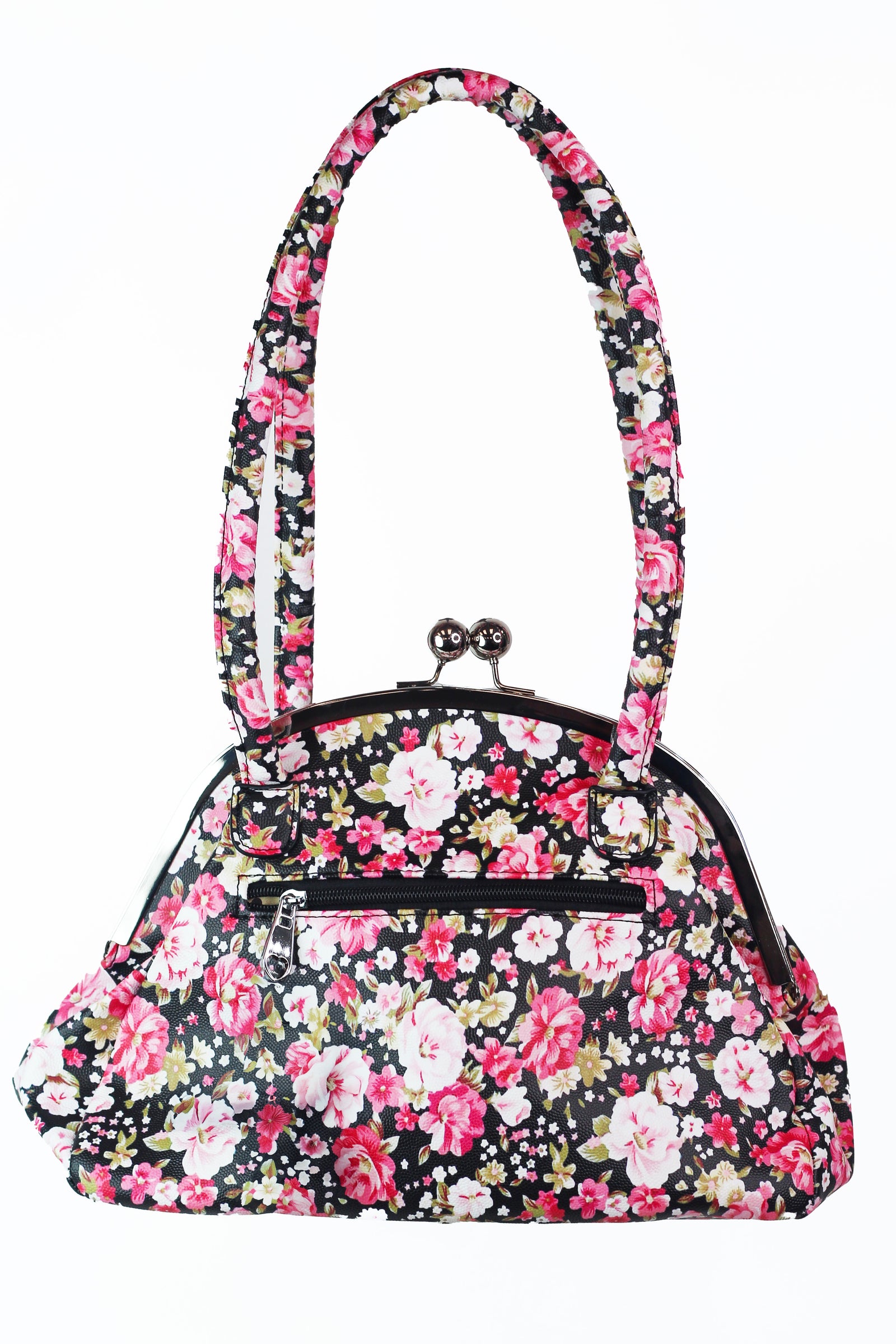 Floral Printed Faux Leather Handbag w/ Rhinestone Trimmed Flower Accent