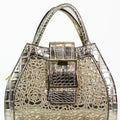 Faux Reptile Handbag w/ Floral Lace Overlay & Large Buckle Strap