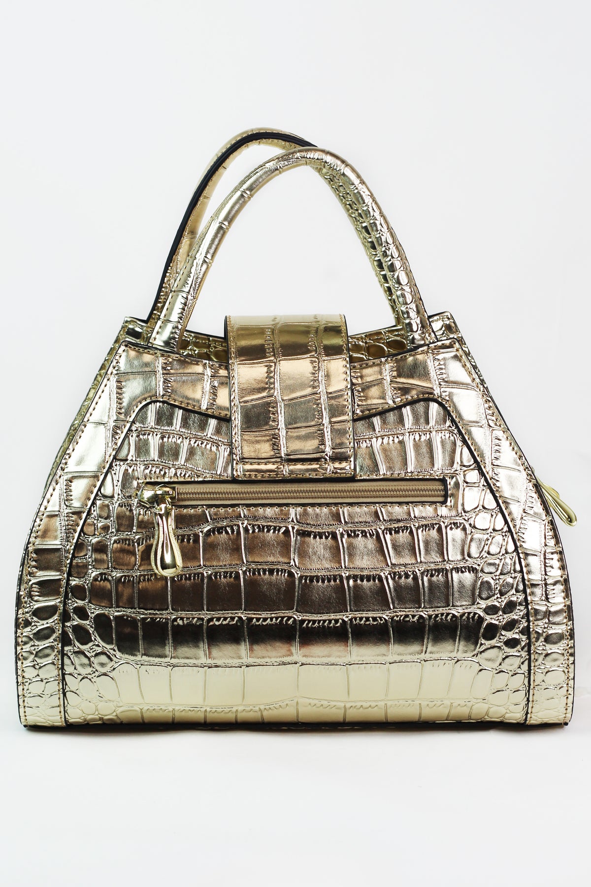 Faux Reptile Handbag w/ Floral Lace Overlay & Large Buckle Strap