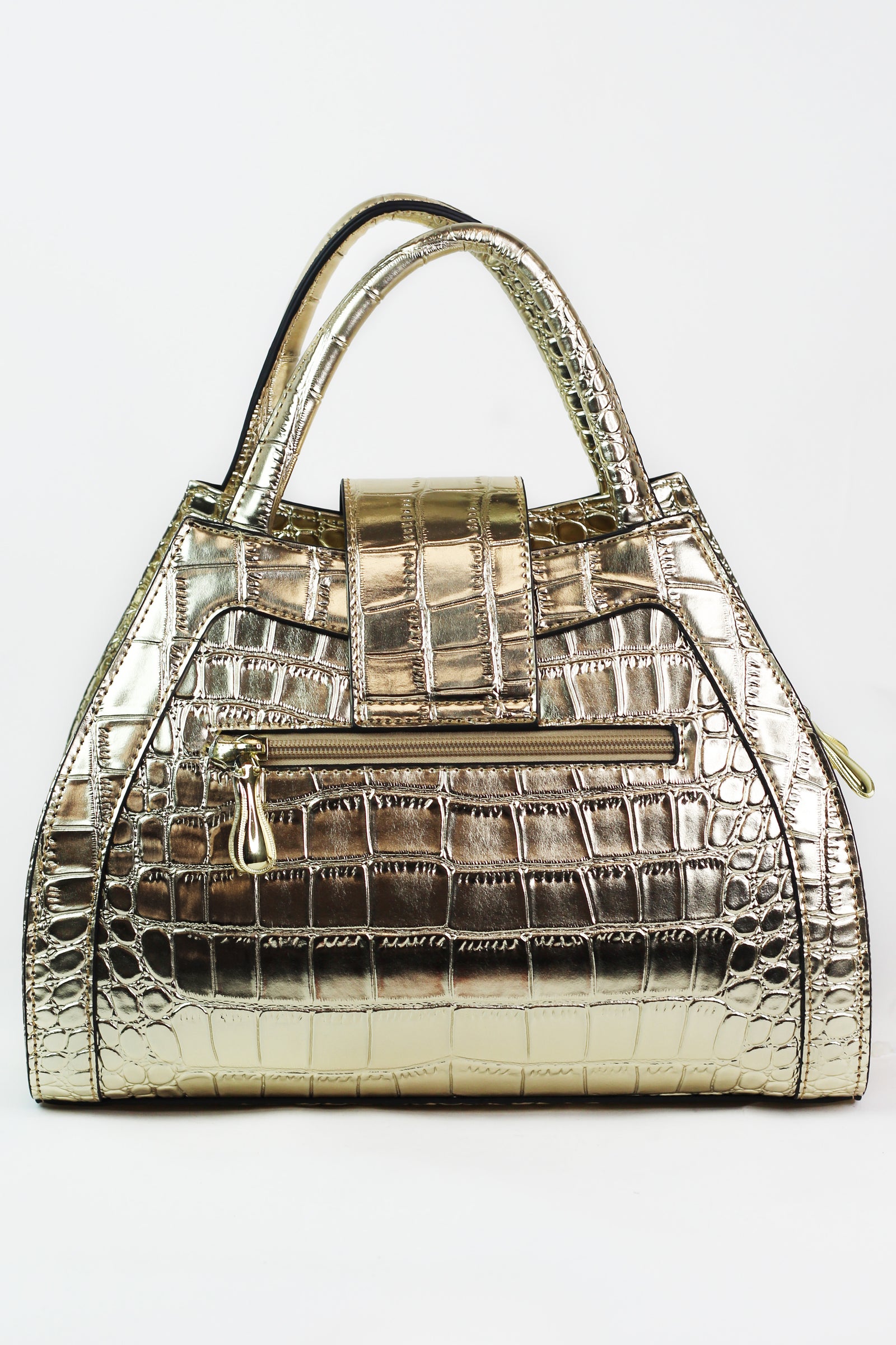 Faux Reptile Handbag w/ Floral Lace Overlay & Large Buckle Strap