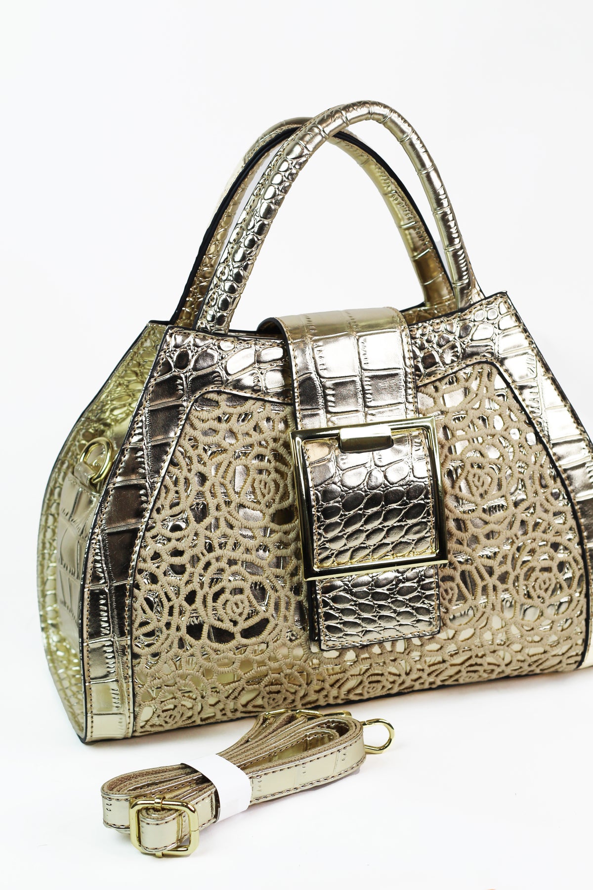 Faux Reptile Handbag w/ Floral Lace Overlay & Large Buckle Strap